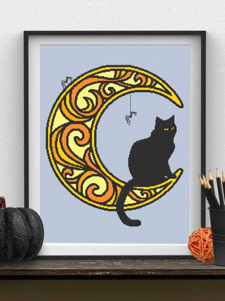 Halloween cat on crescent moon cross stitch pattern PDF download Black cat cross stitch chart, Mandala moon pattern digital PDF #M170