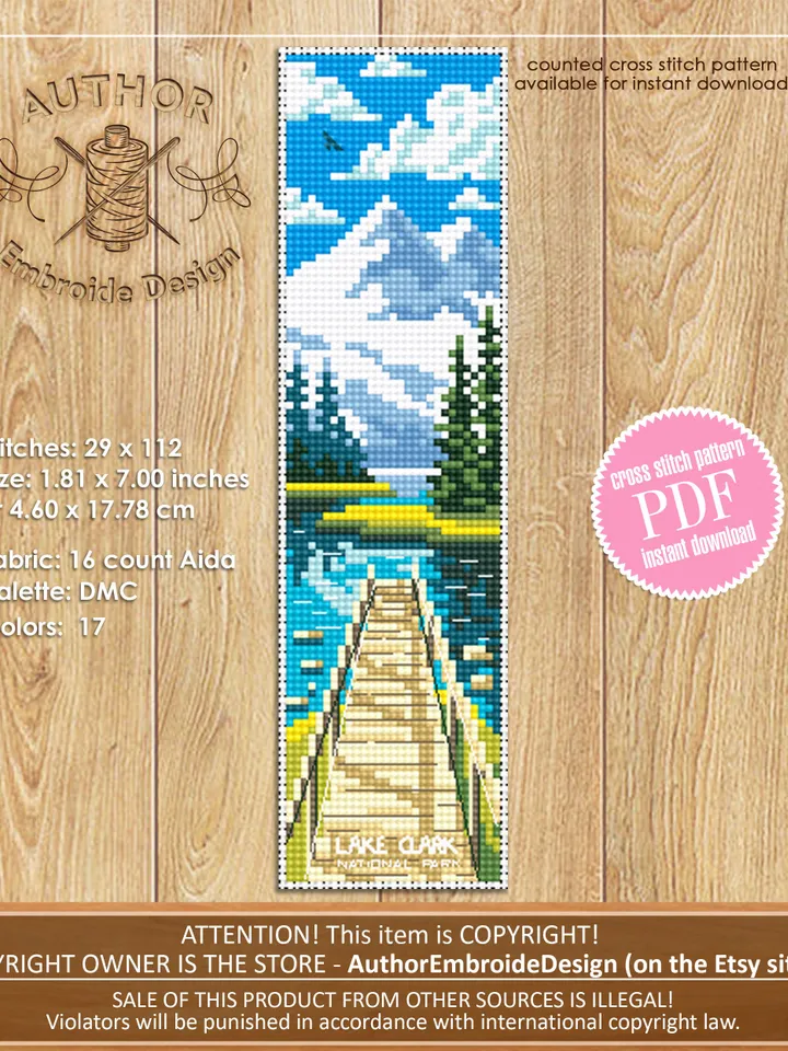 Lake Clark national park bookmark cross stitch pattern PDF download Nature cross stitch chart Digital bookmark pattern Dock on a lake #B225