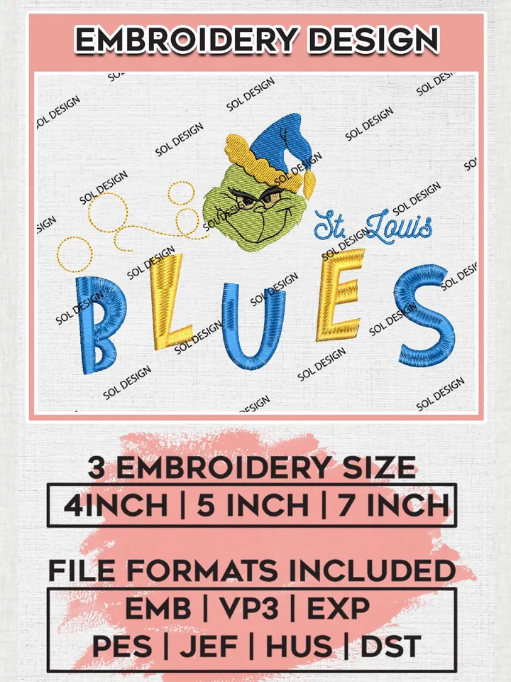 Grinch St Louis Blues Embroidery Designs, Grinch Christmas Embroidery Files, NHL Blues Machine Embroidery Designs, NHL St Louis Blues Logo, NHL Christmas Machine Embroidery Design, Digital Download