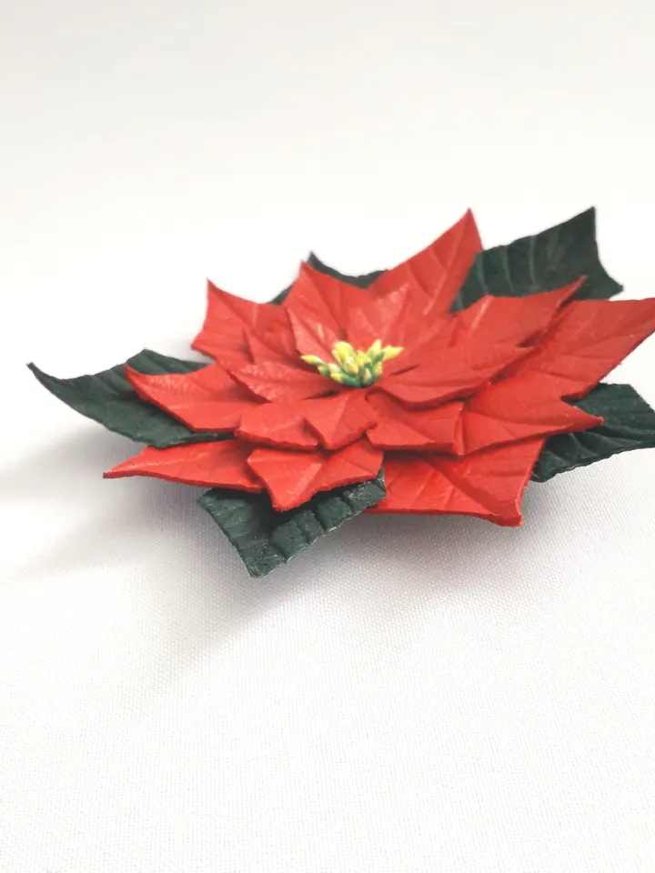 Red poinsettia leather brooch 3rd anniversary gift for wife, Leather women's jewelry