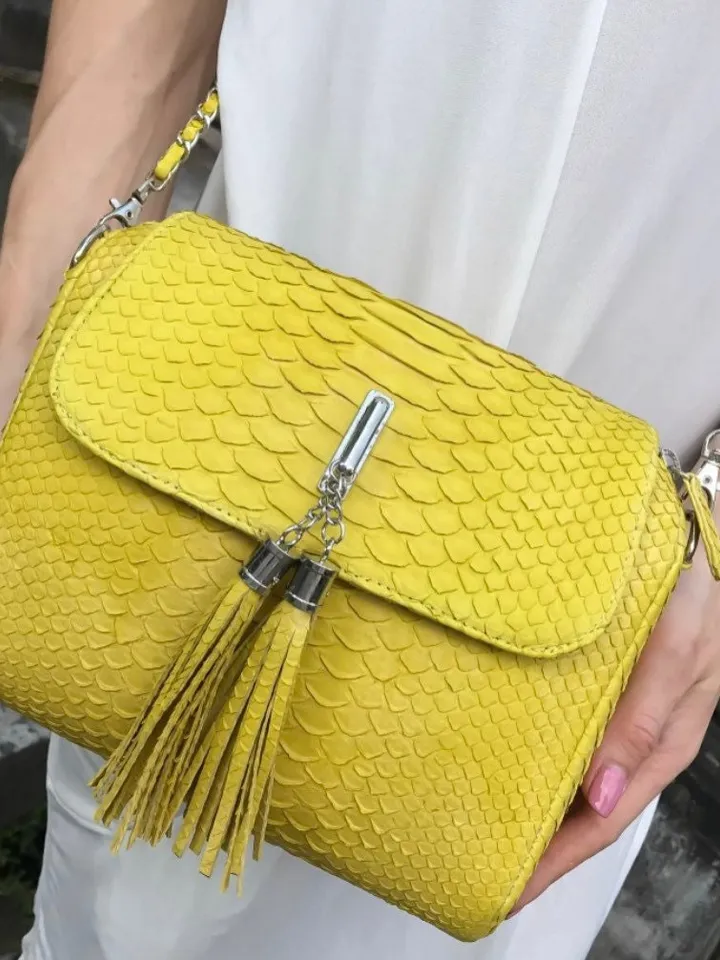Genuine Python Skin Crossbody Bag | Chain Tassel yellow chain bag | Leather Woman Free Shipping Handmade Summer purse | exotic leather bag