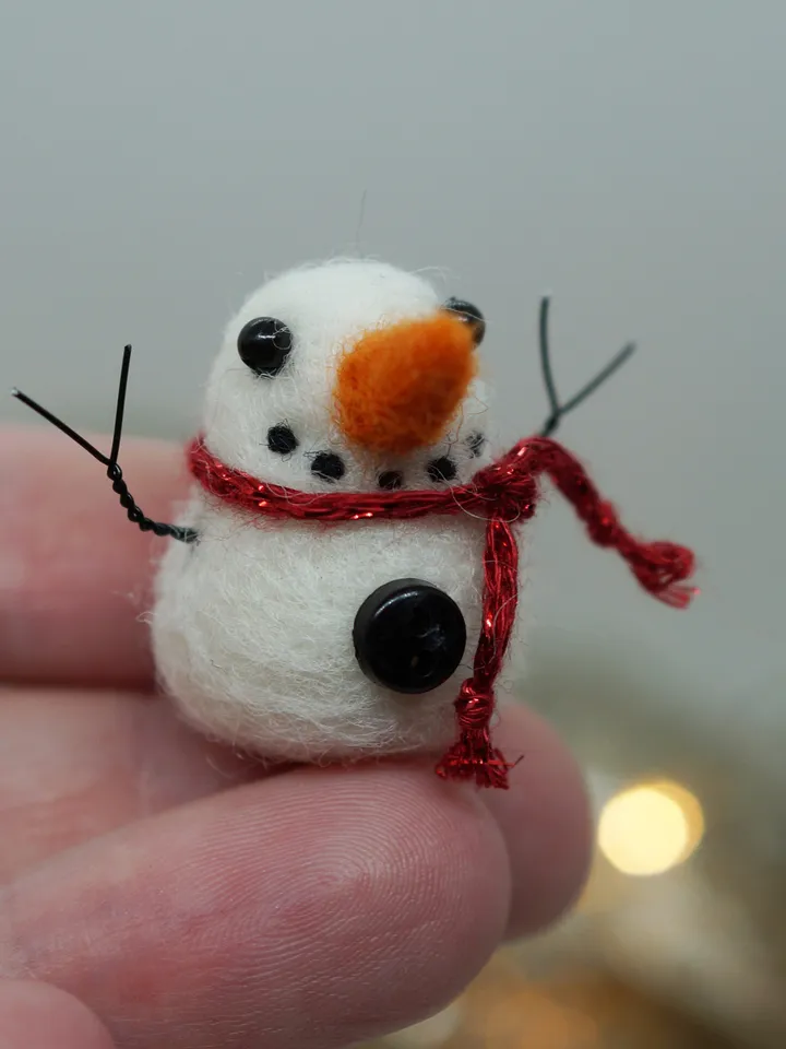 Miniature needle felted snowman in a red scarf, ready to ship from the USA