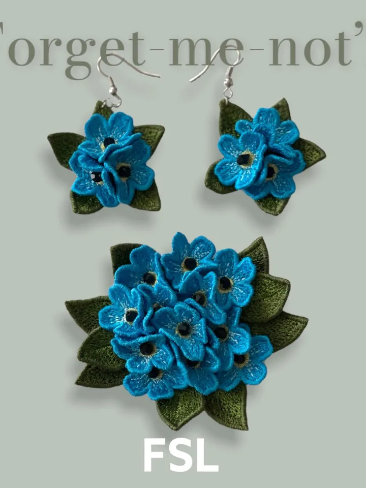 Machine embroidery design Brooch and Earrings FSL Forget-me-nots set for creating jewelry Digital embroidery pattern Flower motif Floral