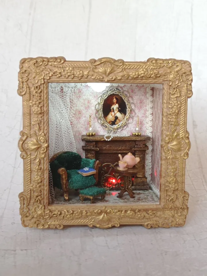 Mini-hall with fireplace, 1/48 scale miniature dollhouse with furniture