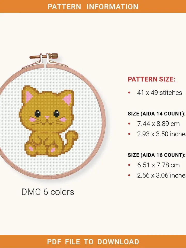 Mini cute Kitty Cross stitch pattern, contemporary animal, Small Cat, beginner counted, modern chart, gift DIY, embroidery, instant PDF
