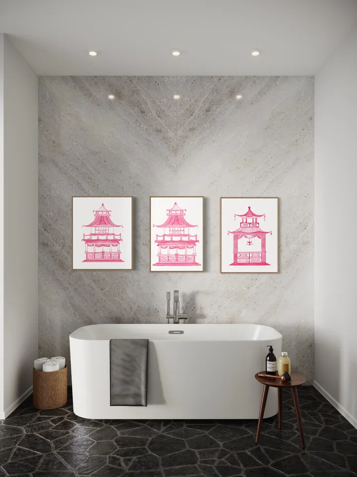 Pink Pagoda Watercolor Painting Chinoiserie Asian Wall Art Poster Pagoda Print Set Of 3 Watercolor Painting Chinoiserie Painting Art Print