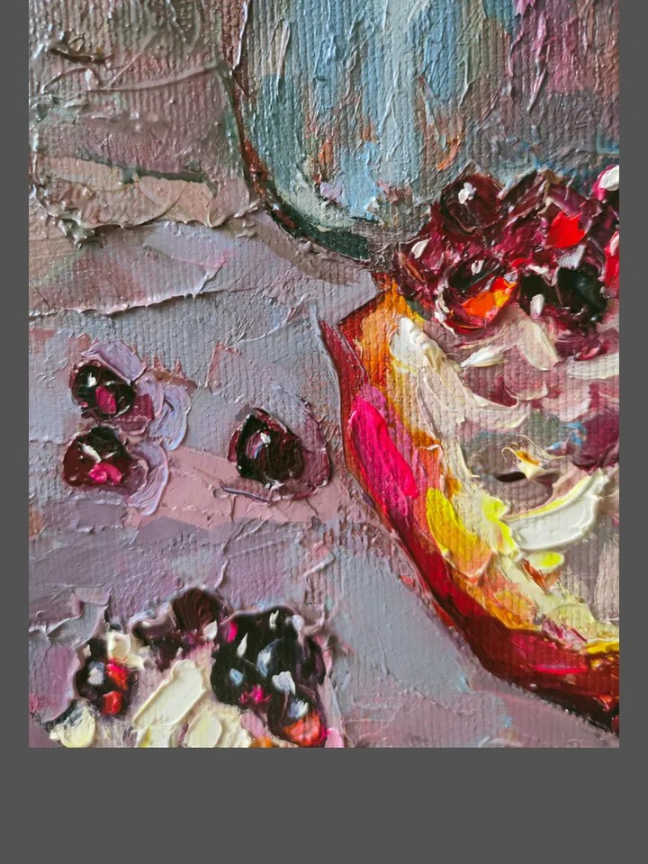 Fruit Pomegranate and Coffee Painting Still Life for Kitchen Original Art Oil Canvas Stretched Impasto Painting 16 x 16 inches by Nata_Lena_Art