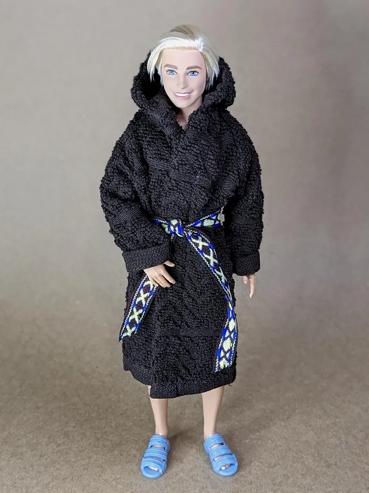 Brown terry bathrobe with a hood for 12 inch fashion male doll