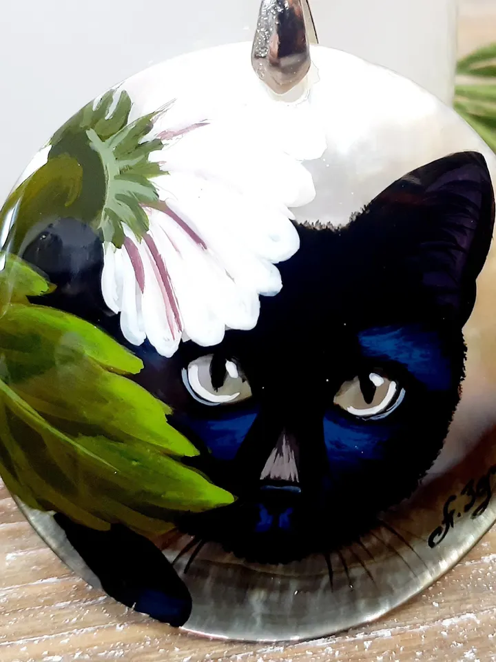 Beautiful Pendant"BlackCat" Mother-of-pearl miniature Hand-painted Russian jewelry magic of painting Art gift Fedoskino Abalone shell