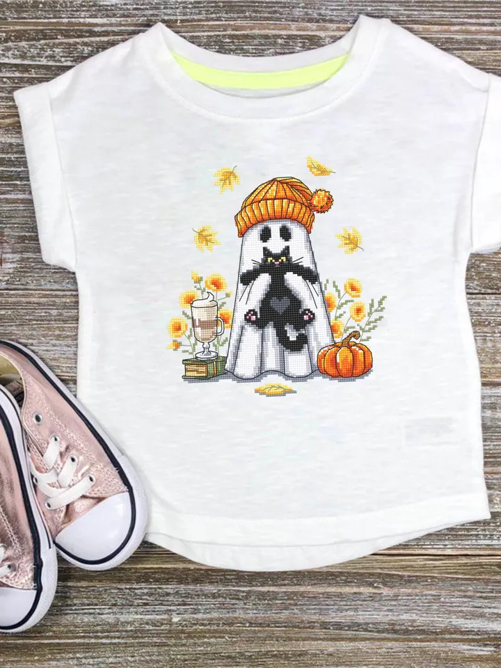 Ghost with black cat cross stitch pattern PDF download Cute ghost cross stitch chart, Halloween pattern digital PDF, Fall leaves #H87