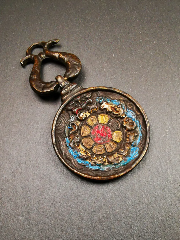 Gandhanra Vintage Tibetan Buddhist Calendar Badge,Panjaranata Mahakala Melong Mirror, SIPAHO Amulet(srid pa ho),Made of Brass,1.89&quot;