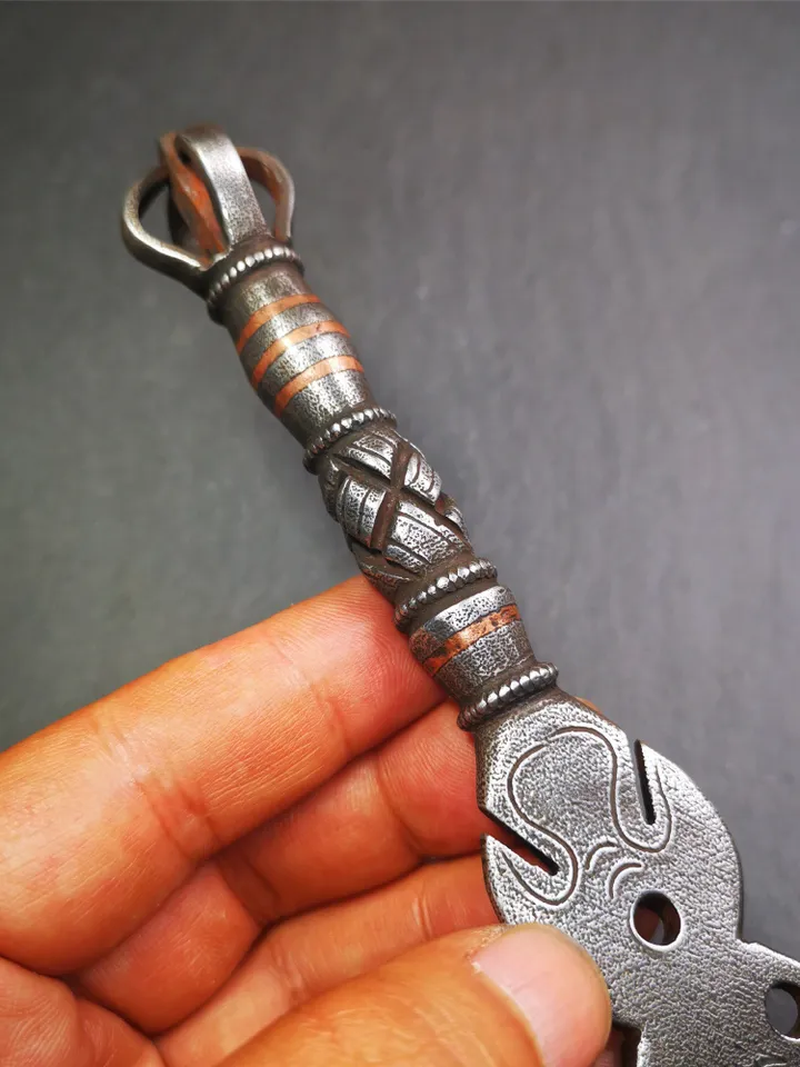 Gandhanra Handmade Tibetan Buddhist Ritual Implement - Kila -Dorje Phurba,Made of Cold Iron inlaid Copper,7.8"