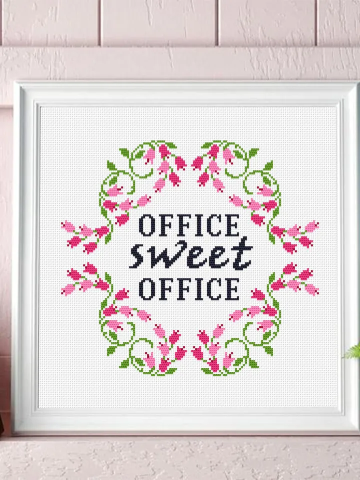 Framed quote cross stitch pattern Office sweet office instant download PDF, Flower wreath cross stitch chart, DIY Home office decor #Q26