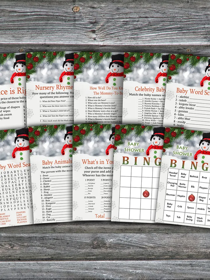 Snowman baby shower games bundle,Christmas Baby Shower games package,Fun Baby Shower Games,9 Printable Games-260