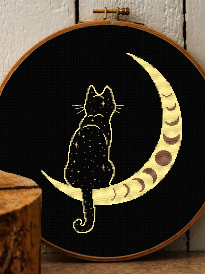 Mystical moon phase and cat cross stitch pattern download PDF Magic crescent moon cross stitch, Galaxy cat silhouette Boho cross stitch #K56