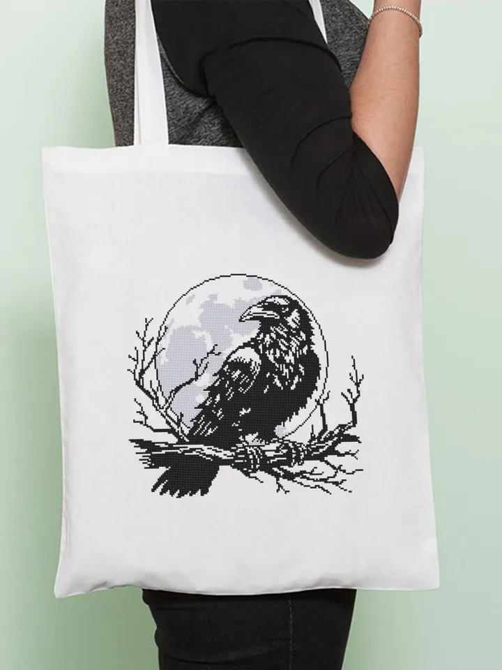 Raven cross stitch pattern PDF download Woodcut crow cross stitch chart, Gothic pattern digital PDF, Full moon, Halloween pattern #L88