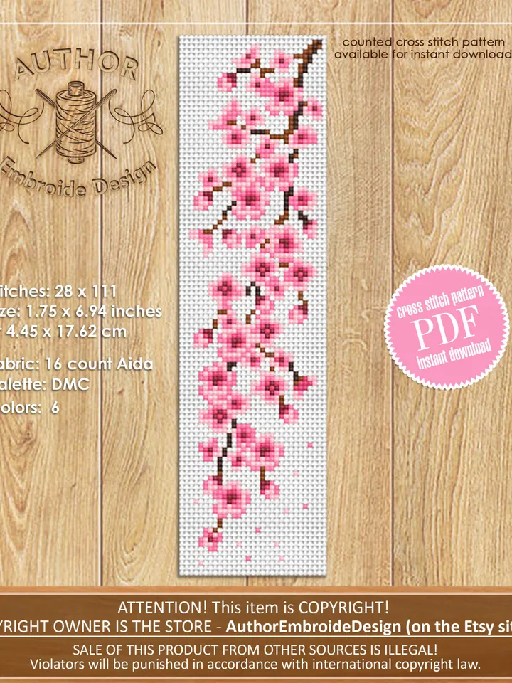 Flower bookmark set cross stitch pattern PDF download Floral bookmark for women, Bookmark pattern digital PDF Lavender, Sakura, Cotton #B265