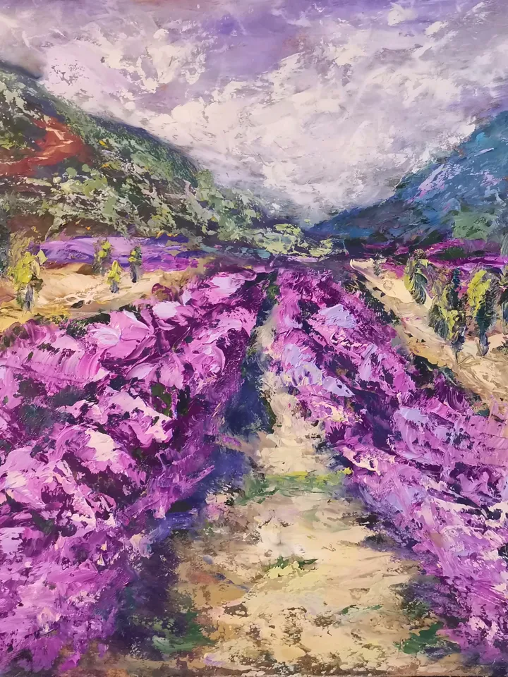 Provence Lavender Field Mountains Painting Original Oil Art Artist Svinar Oksana