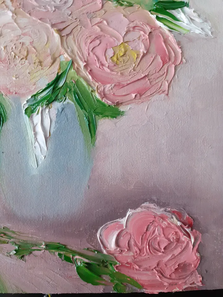 Oil Painting Bouquet of Tea Roses In a Vase Roses Flowers Nature Canvas 12x8 Inches Unframed Wall Decor 3D Image Impasto New