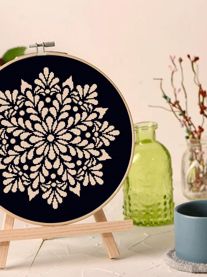 Flower mandala cross stitch pattern PDF download Floral mandala pattern digital PDF, Monochrome cross stitch chart, Mandala ornament #M230