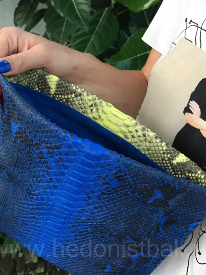 Genuine python skin blue and yellow colorblock handmade clutch, classy elegant leather envelope bag, purse free shipping, flat snake clutch