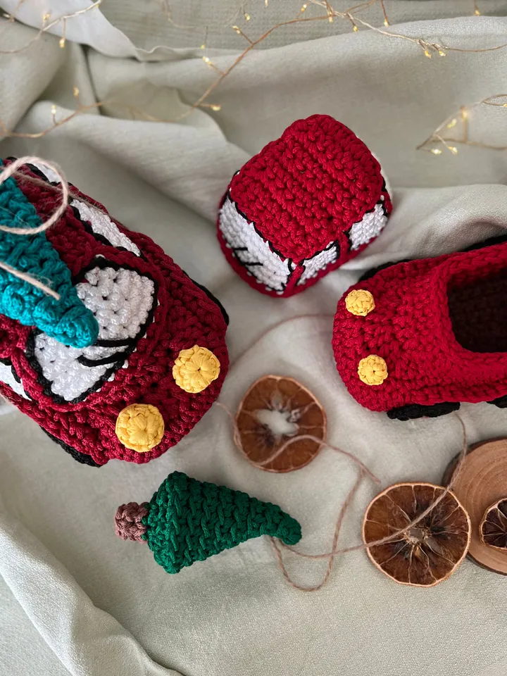 Christmas car with tree, interior basket, crochet decor, gift ornaments, sweet storage