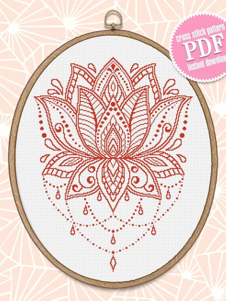 Flower lotus mandala cross stitch pattern download PDF Floral ornament cross stitch chart, Monochrome mandala pattern digital PDF #M96
