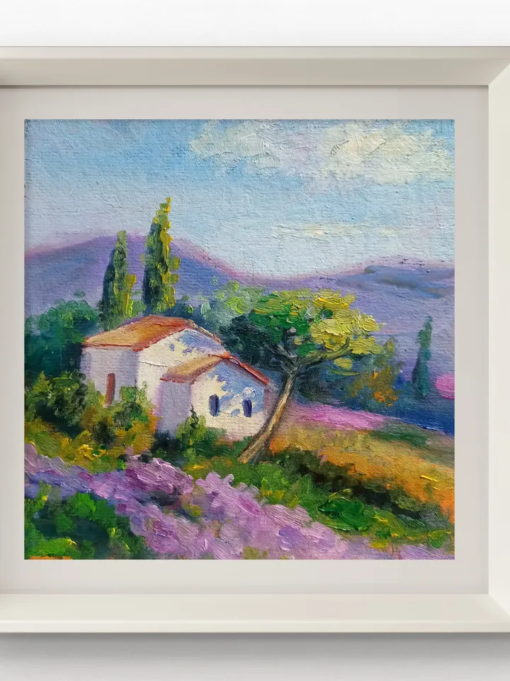 rural-rustic landscape with flower fields cardboard oil house in the field lavender beautiful small scenery flowers nature panoramic scenery
