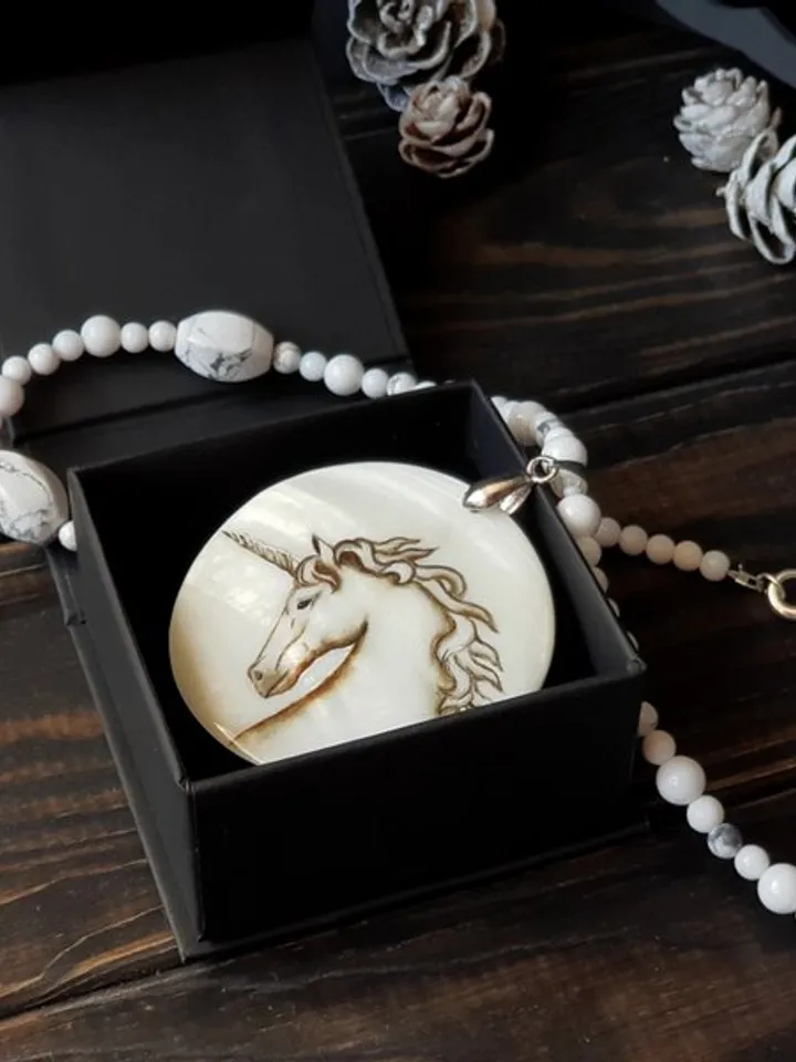 Unicorn jewelry, unicorn necklace, miniature painting on pearl pendant