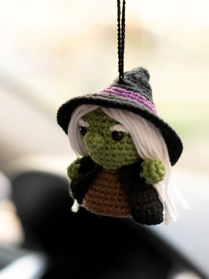 Stuffed Witch car hanging, Halloween car decor, car accessory for women, rear view mirror charm, creepy cute car pendant
