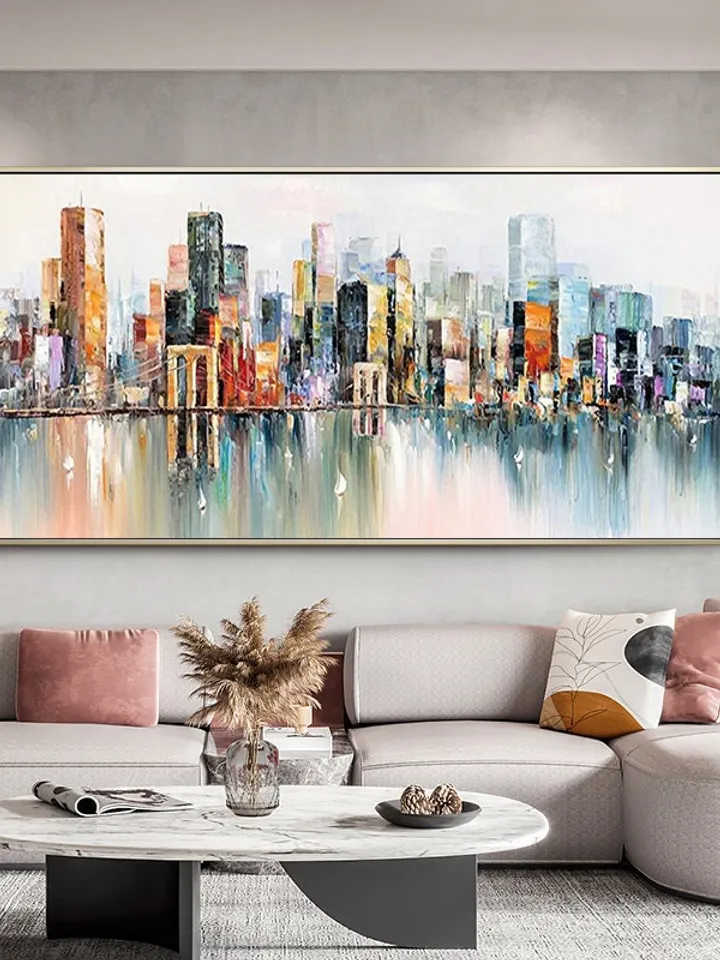 Abstract Cityscape Oil Painting, Large Original Colorful Urban City Landscape Oil Painting on Canvas, Modern Blue Living Room Wall Art Decor