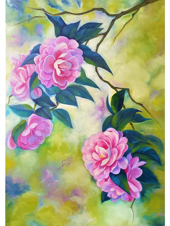 Blossom Camellia Painting Floral Original Art Flower Oil Painting Canvas Art