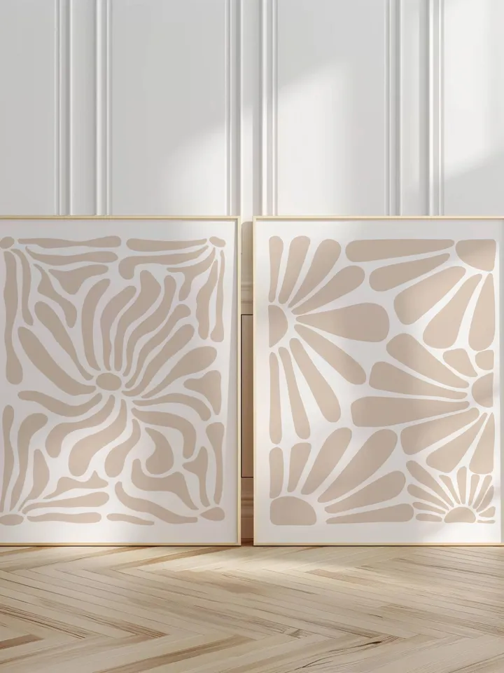 Neutral Wall Art Set of 2 Prints, Boho Flower Print, Beige Abstract Minimalist Organic, Beige Floral Wall Art, Wild Flower, Printable Art