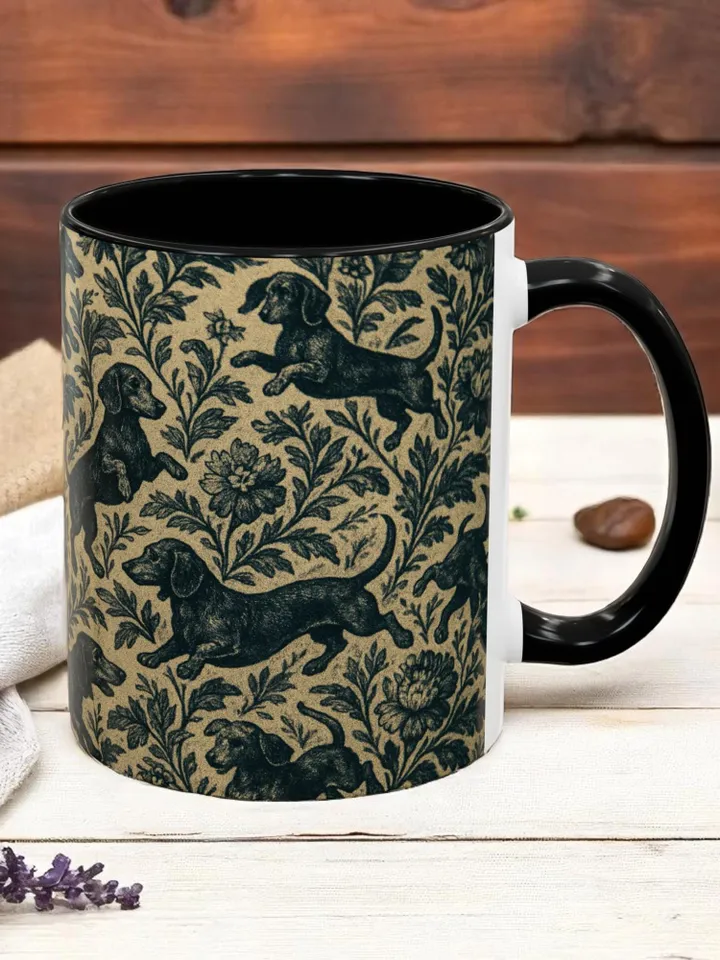 Dachshund French Toile de Jouy Ceramic Mug, Toile Coffee Cup for Doxie Mom, Sausage Dog Lover Gifts, Dog Tea Drinkware, Gift For Dog Lovers