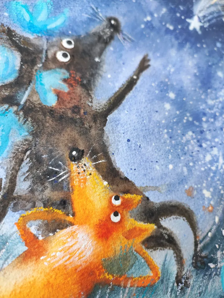 27x27cm Artwork by Julia Schigal "A Shooting Star" - watercolor, gouache, pastel