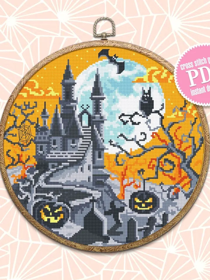Halloween cross stitch pattern PDF download Spooky haunted house cross stitch chart, Halloween pattern digital PDF Happy Halloween night #H2