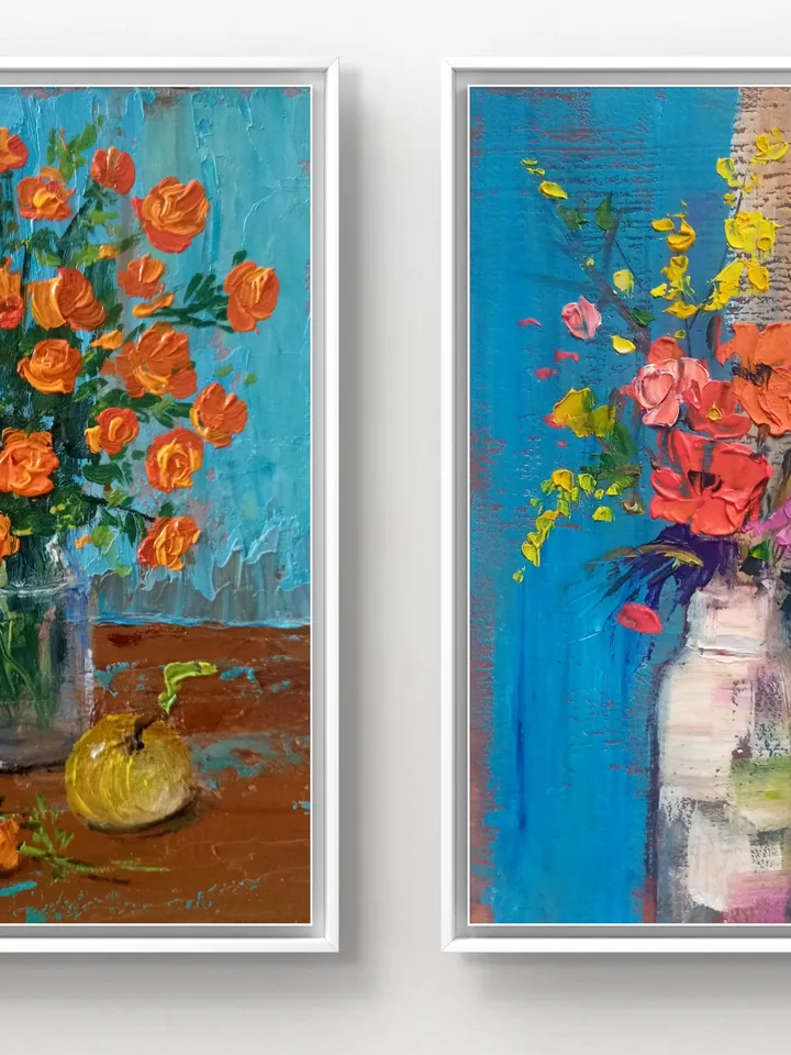 Original handmade Diptych paintings bright flowers in a vase still lifes in country style art home decor vibrant colorful art pair painting