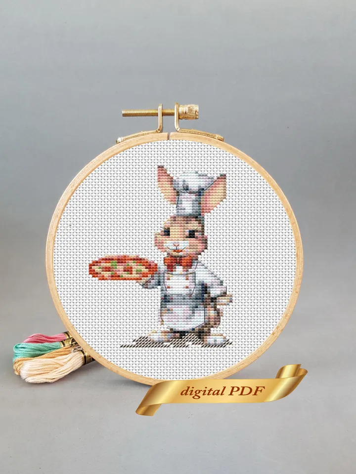 Bunny and pizza pattern pdf cross stitch, small design easy embroidery DIY, art 1
