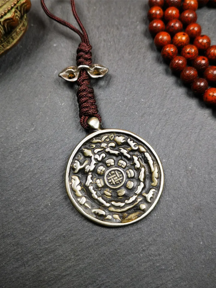 Gandhanra Antique SIPAHO(srid pa ho) Amulet, Tibetan Buddhist Astrology Badge,12 zodiac Melong Mirror, Jiugong Bagua Badge,20 Years Old