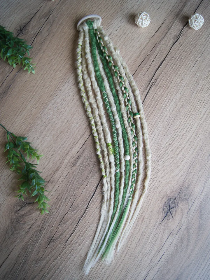 Dreads on hairband. Crochet Dreadlocks extensions. Ponytail blonde green synthetic hair. Hippie Witchy Pagan Viking Bohemian Boho style