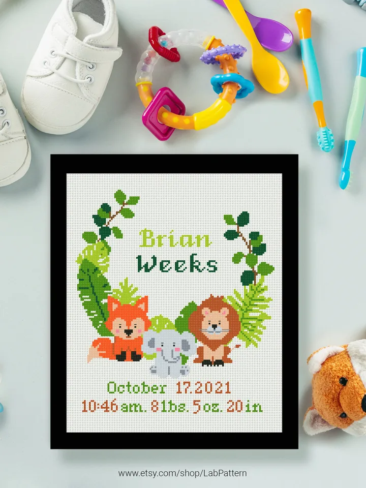 Zoo Animals Birth announcement cross stitch pattern, baby, personalized, Fox Lion, boy girl nursery decor, gift DIY, embroidery, instant PDF