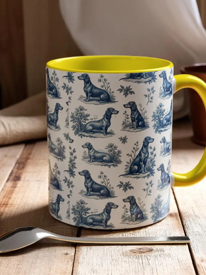 Dachshund French Toile de Jouy Ceramic Mug, Toile Coffee Cup for Doxie Mom, Sausage Dog Lover Gifts, Dog Tea Drinkware, Gift For Dog Lovers