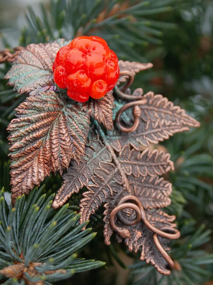 Handmade Copper Pendant Glass Cloudberry Beads, Natural Jewelry, Electroforming, Metal Real Fern Leaf, Great Gift for Her