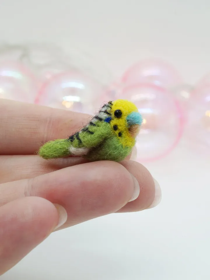Miniature needle felted green budgie, tiny pet, tiny bird