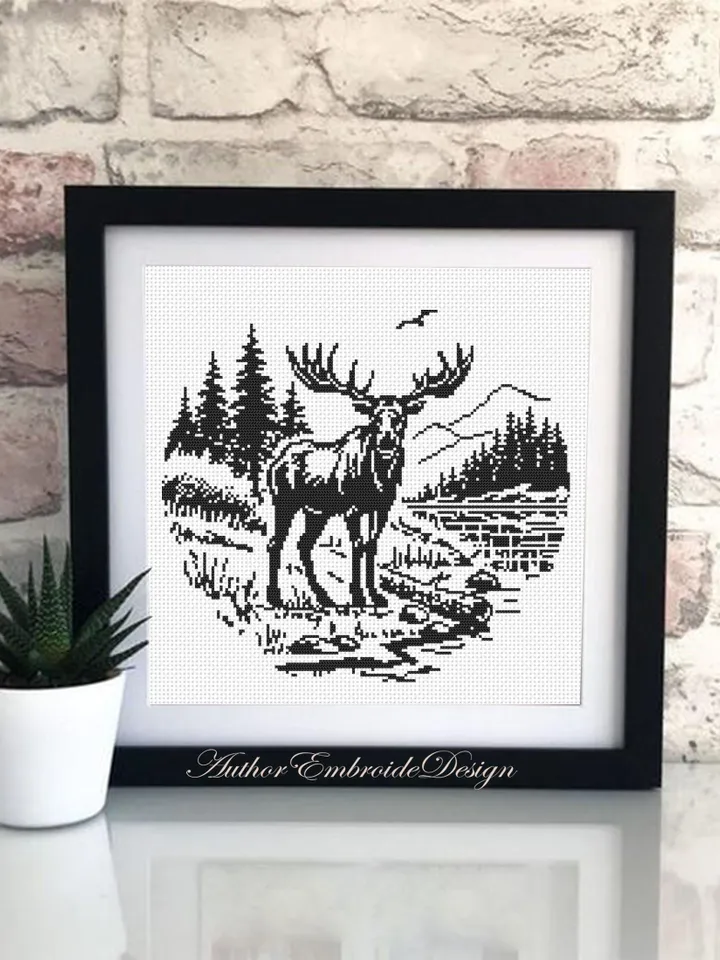 Woodcut elk cross stitch pattern PDF download Deer cross stitch chart, Monochrome animal pattern digital PDF, Mountain landscape #L86