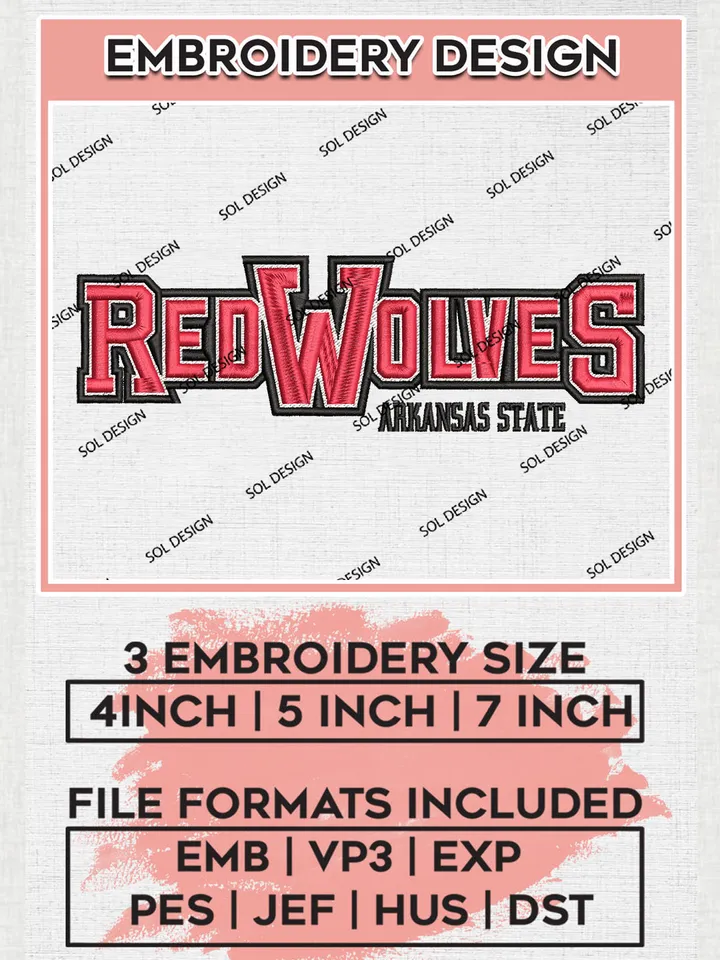 NCAA Arkansas State Red Wolves Team Writing Logo Embroidery Design Files, NCAA Arkansas State Red Wolves Machine Embroidery, NCAA Teams, Game Day, 3 sizes, NCAA Machine embroidery designs, Digital Download