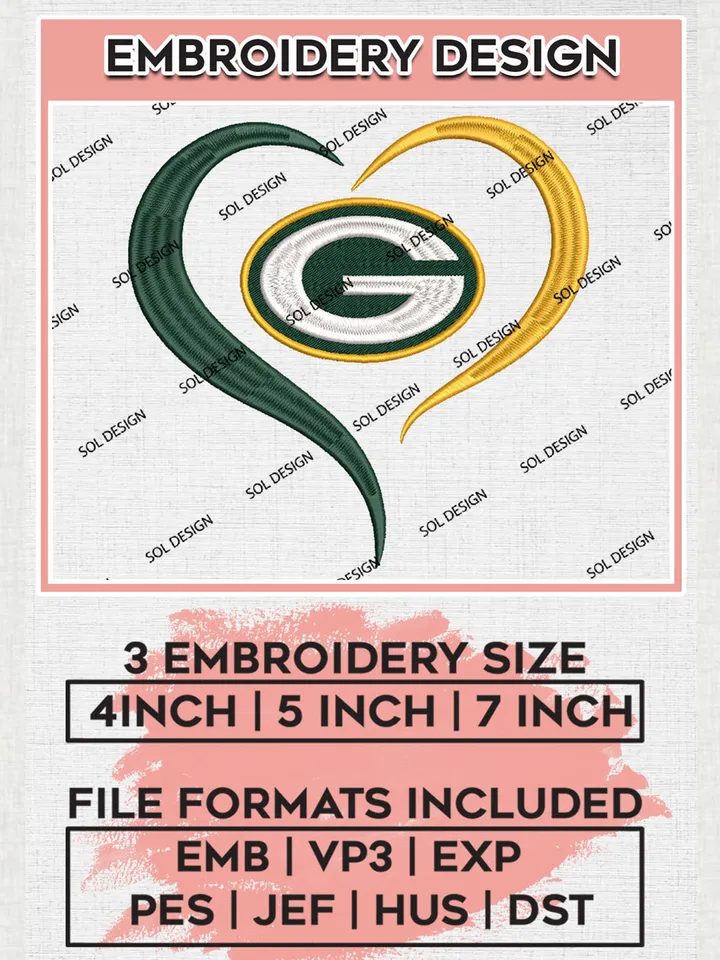 Green Bay Packers Embroidery Design Files, NFL Packers, NFL Embroidery Designs, NFL Green Bay Packers Machine Embroidery Design, Digital Download
