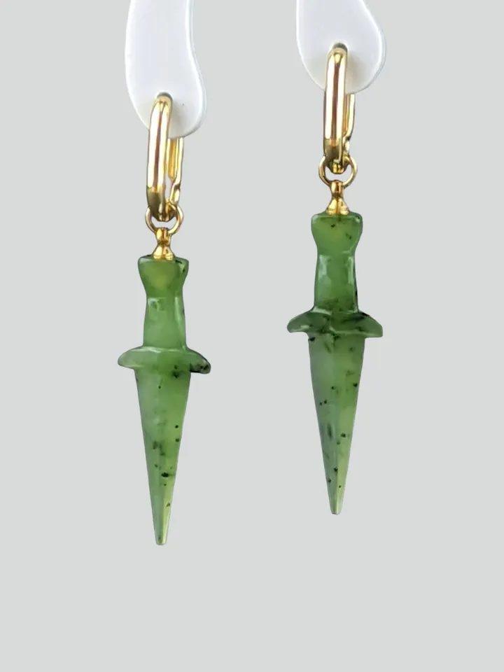 Dangle elven sword earrings from green jade, earrings transformers.