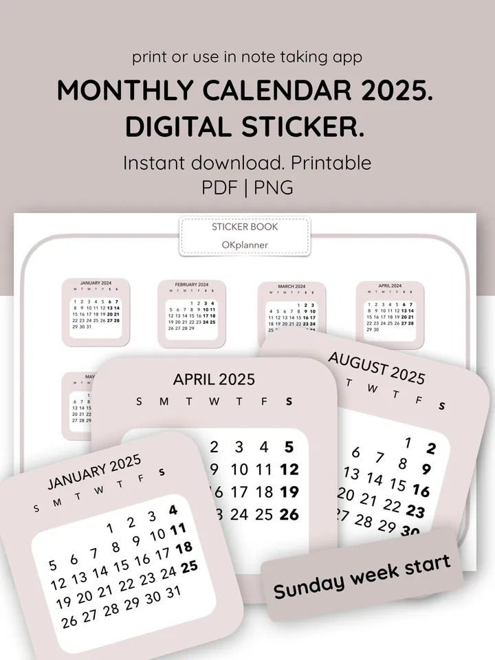 Digital monthly stickers 2025. Planner journal sticker. Student sticker calendar. 12 month sticker calendar. Sunday week start