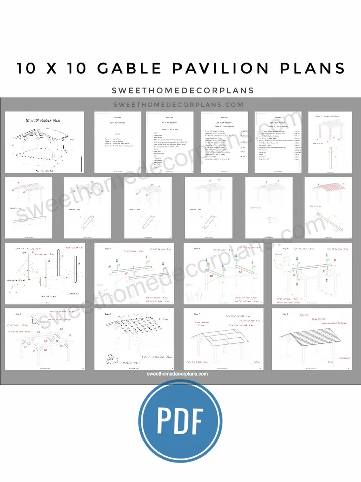 Diy 10 x 10 gable pavilion plans in pdf. Carport plans. Diy backyard wooden pergola plans for outdoor. Square outdoor pavilion gazebo plans.